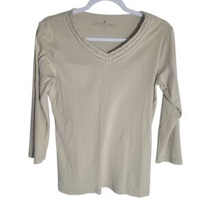 The Territory Ahead Pima Cotton Top Women's Size Medium Tan 3/4 Sleeve V Neck
